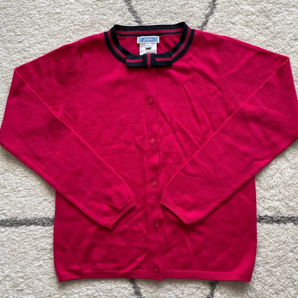 Jacadi Girls Red Cardigan with Black-Trim Collar